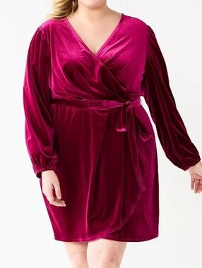 3X Nine West Dark Pink Velvet Tie Waist Dress